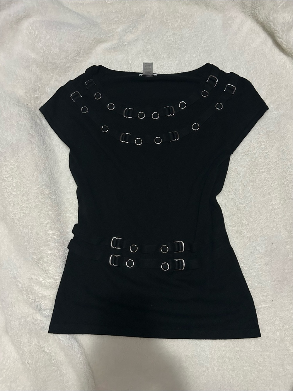 Cache Black Short Sleeve Top with Silver Rings & “Belt” Detail